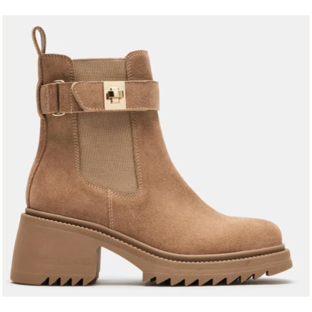 Steve Madden Gates Taupe Suede Lug Sole Chelsea Booties Buckle 8.5